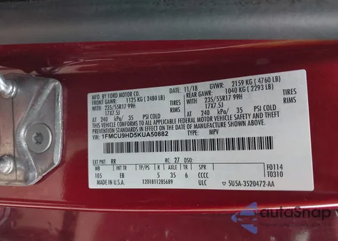 2019 Ford Escape Sel from USA, damaged, VIN 1FMCU9HD5KUA50882